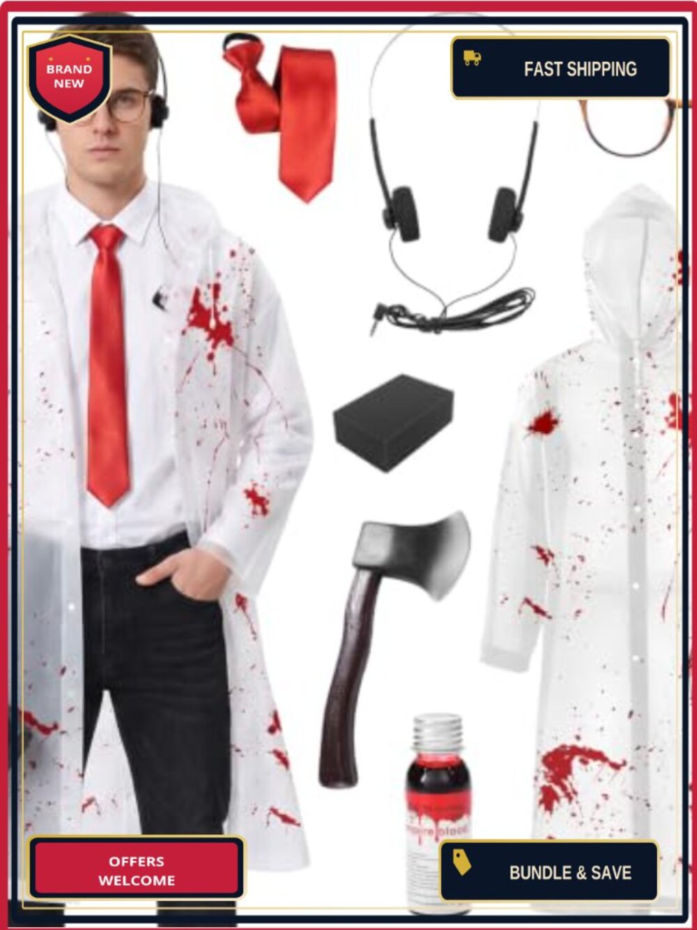 7PC Halloween Killer Costume Set Raincoat Axe Tie Glasses Cosplay